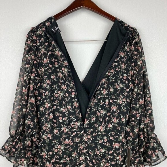 Lulu's Estella Chiffon Black Floral Print Ruched Ruffled Hem Mini Dress Size S - Picture 8 of 10